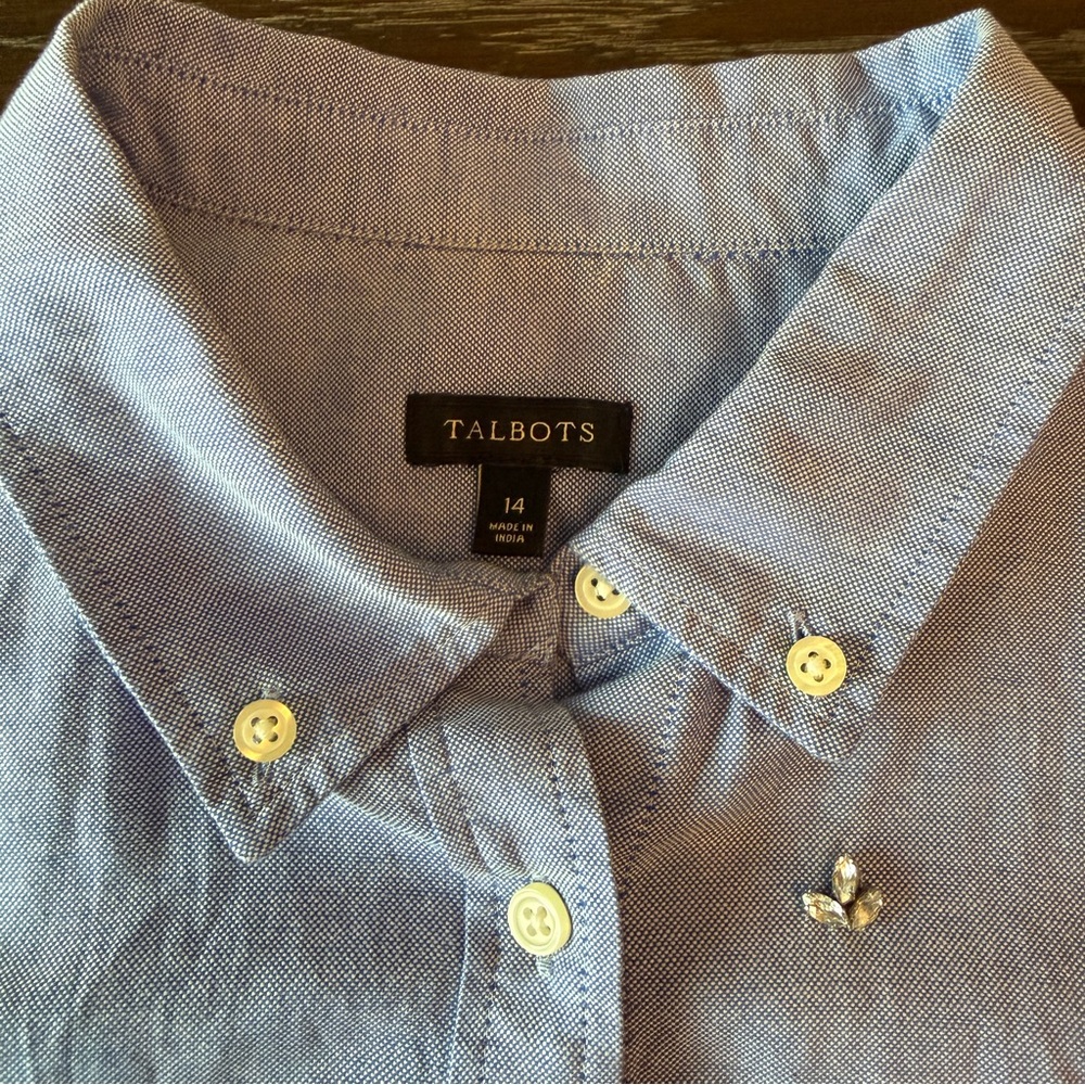 Talbots Blue Fleur De Lis Oxford Button-Up Shirt with Rhinestones Size 14 - Picture 2 of 7